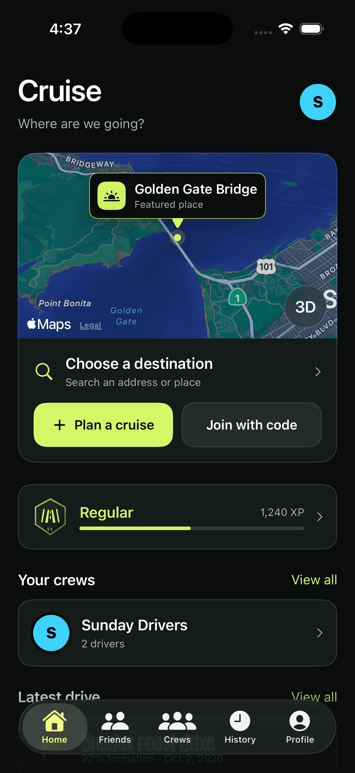 Cruise home screen with buttons to plan a cruise or join with a code